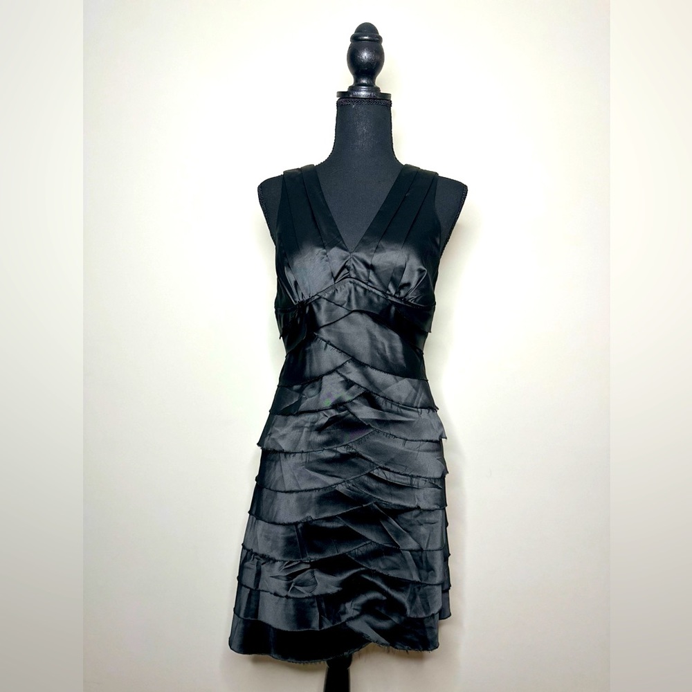 Black satin dress.